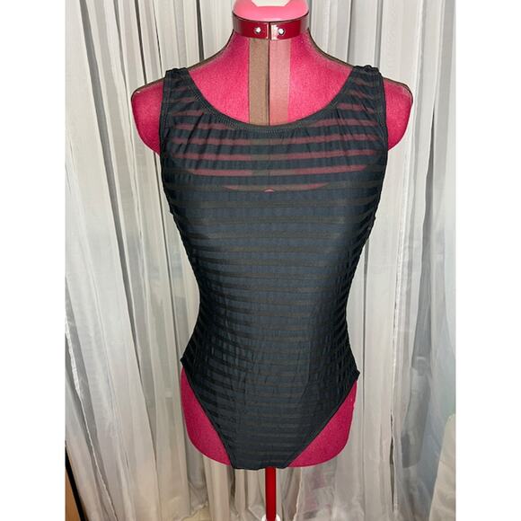 Ann cole one piece swimsuit high neck sheer stripe - Picture 1 of 9